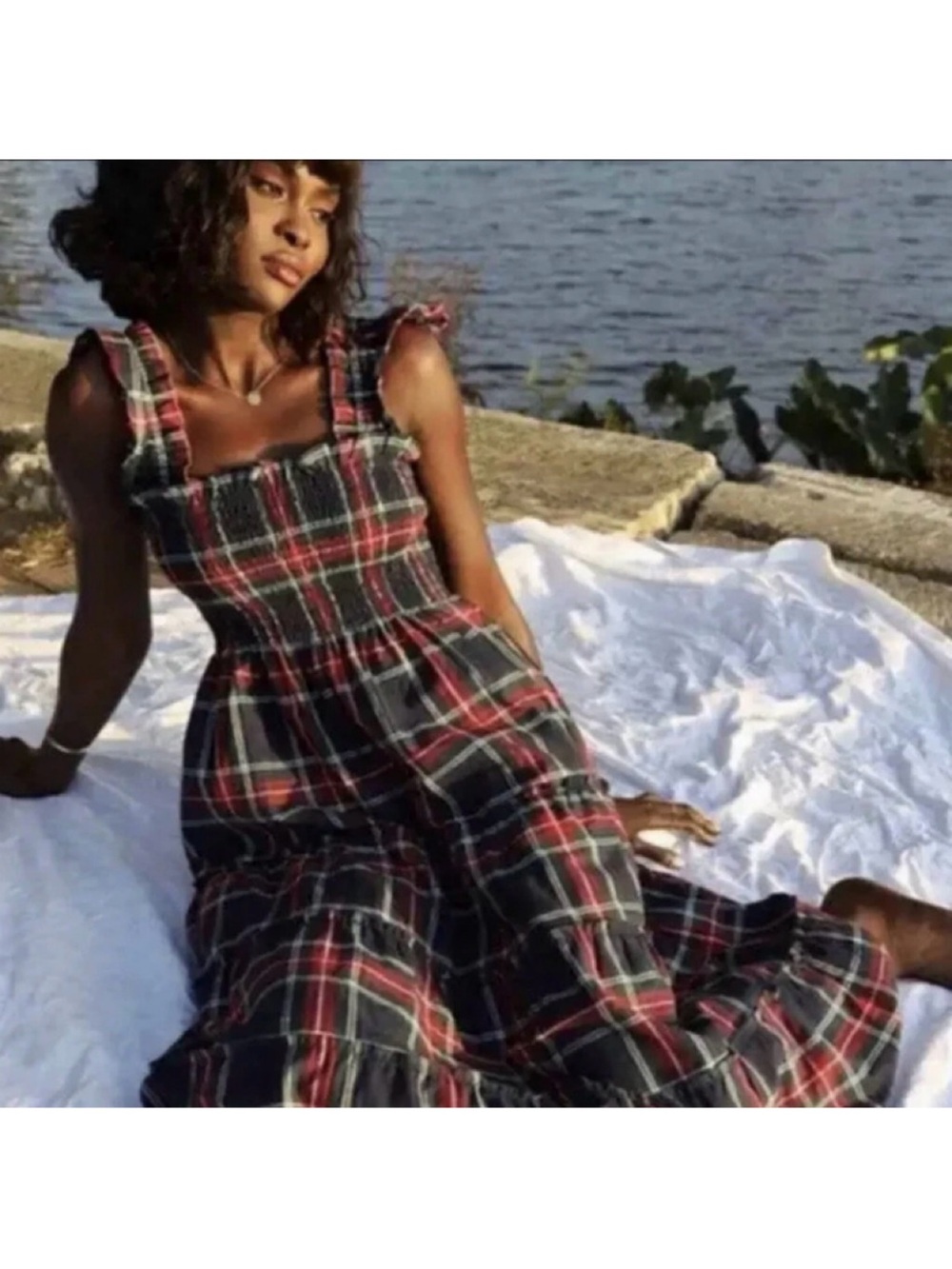 Hill House Home Ellie Nap Dress Midnight Tartan Plaid Smocked Tiered Midi  XS
